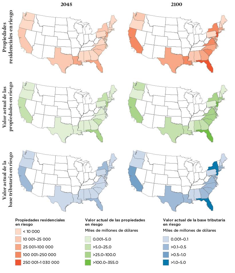 Mapas de EEUU mostrando estados donde valores de bienes raíces corren riesgo por inundaciones