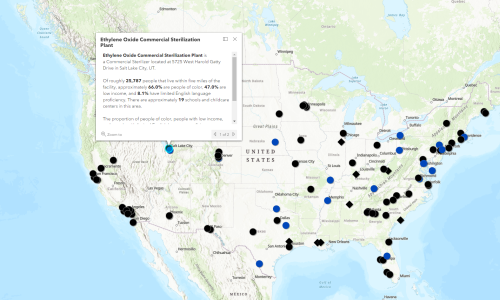 Una captura de pantalla de un mapa interactivo de EE. UU. que muestra las instalaciones que emiten óxido de etileno.