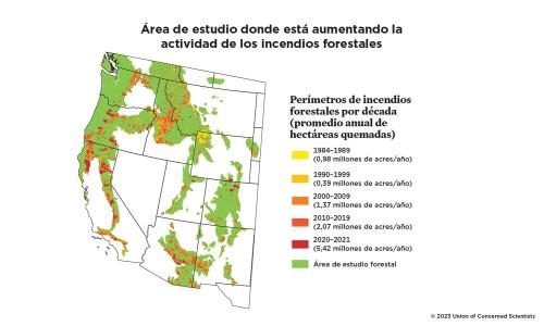 mapa de área donde está aumentando la actividad de los incendios forestales